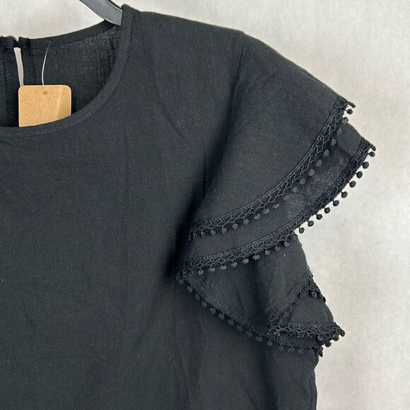 NEW Daisy Ruffle Sleeve Blouse Top Black Sz Large Short Cap Sleeve Crew Neck - Picture 2 of 7